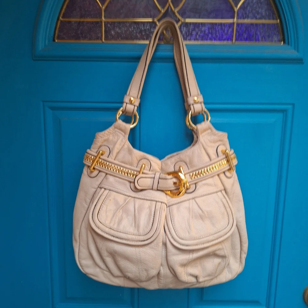 B. Makowski Soft Real Leather Women's Shoulder Bag Gold Studded Purse Y2K Beige - Picture 15 of 17